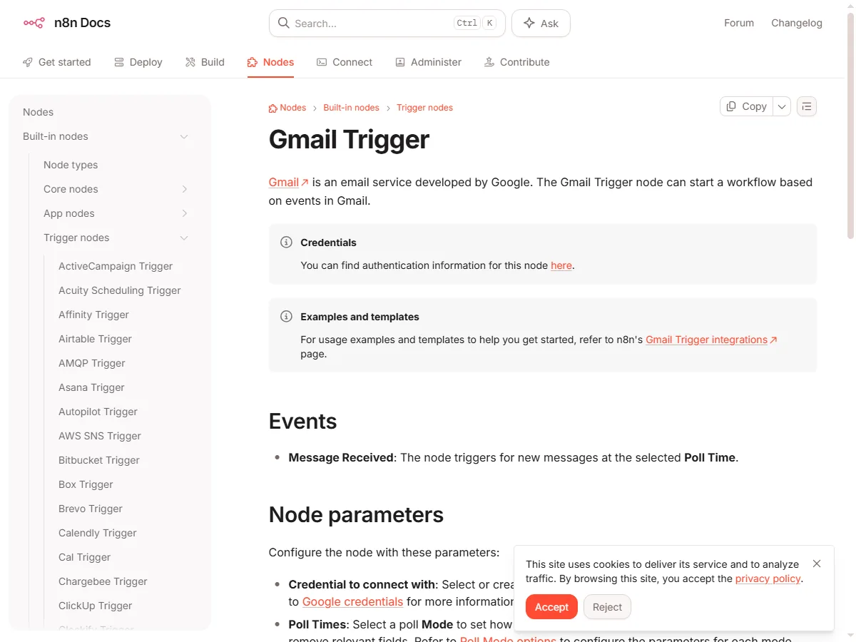 n8n 공식 문서 Gmail Trigger 노드 페이지 실제 화면