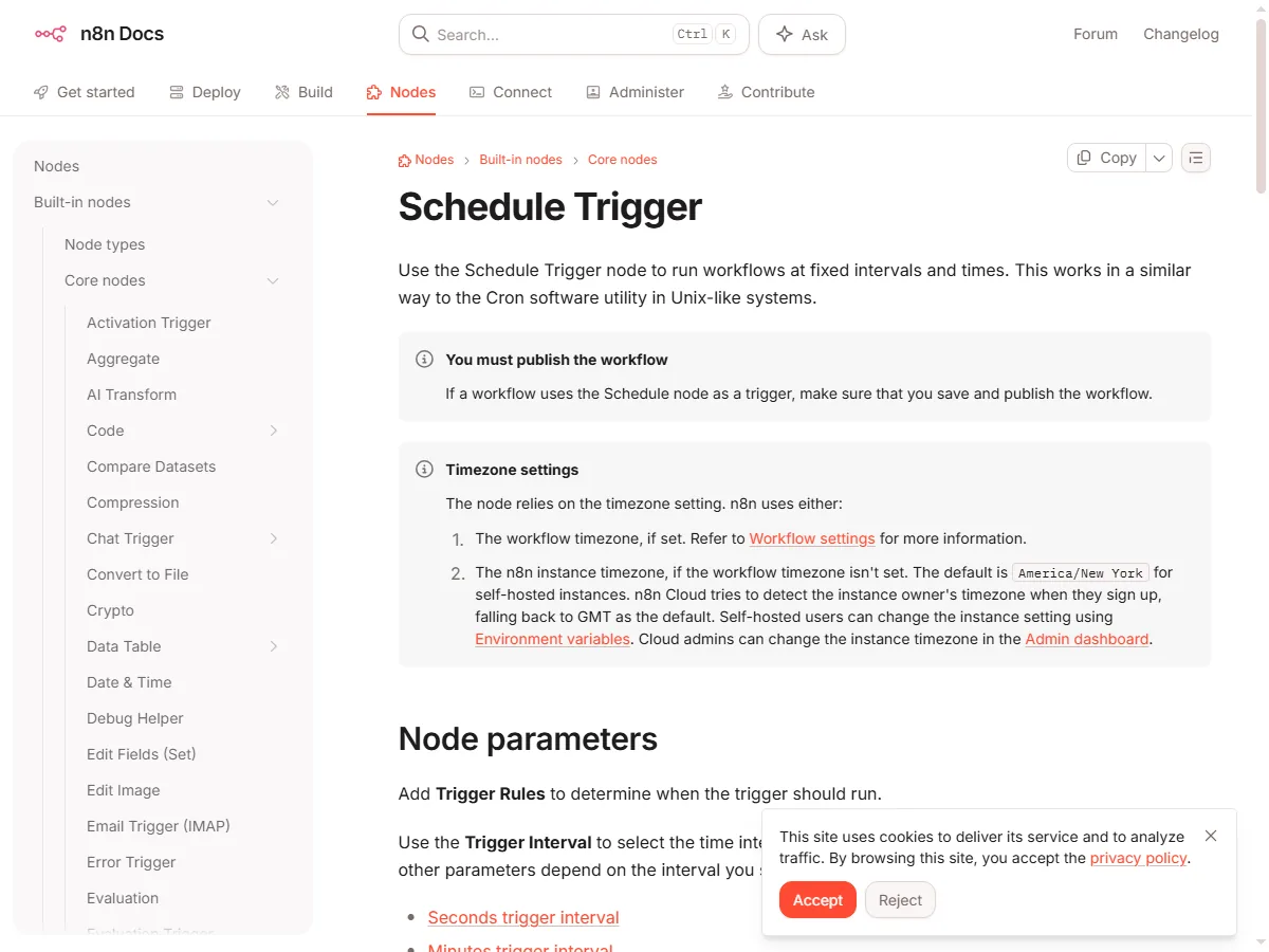 n8n 공식 문서 Schedule Trigger 노드 페이지 실제 화면