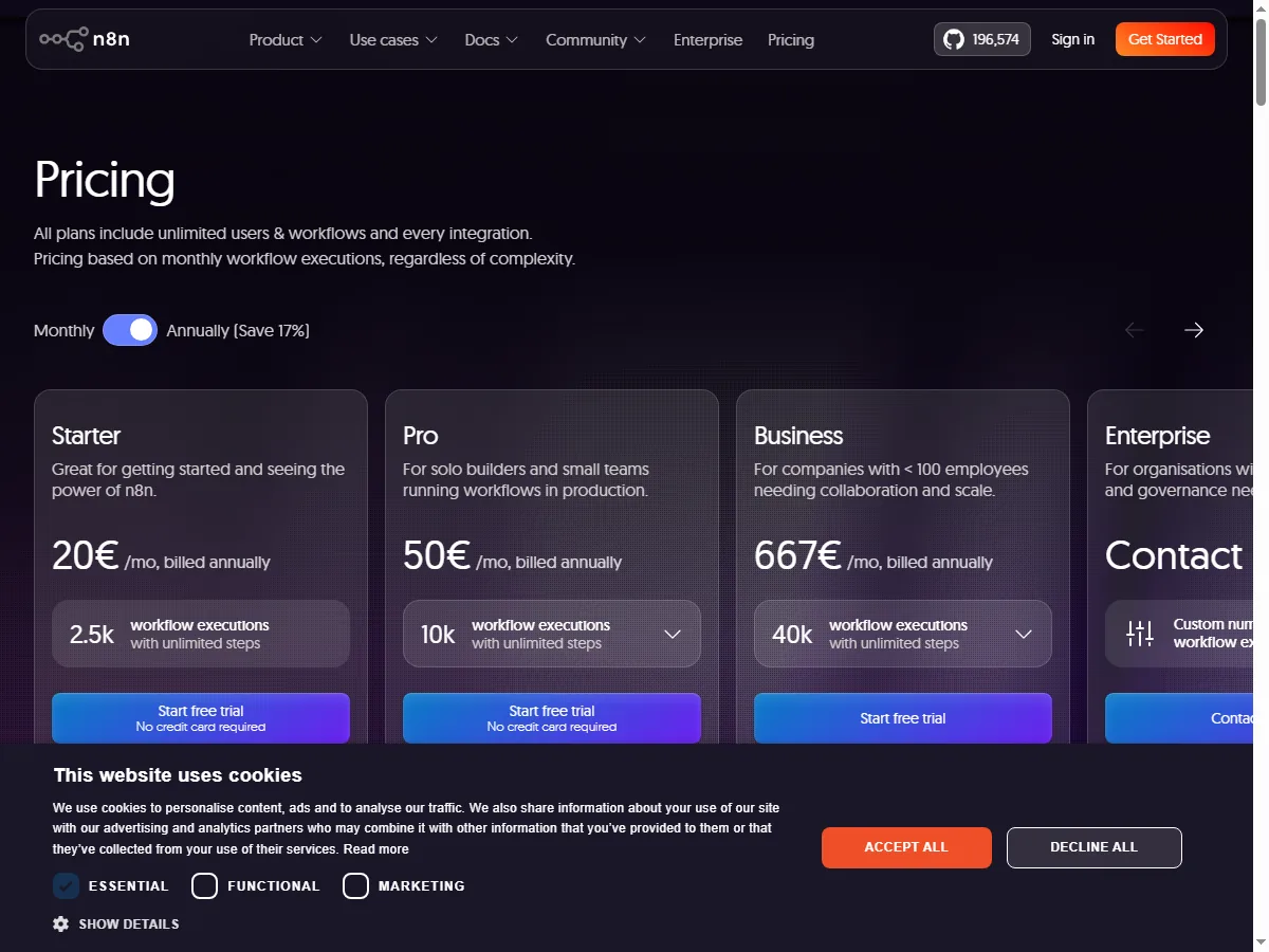 n8n 공식 요금제 페이지(n8n.io/pricing) 실제 화면
