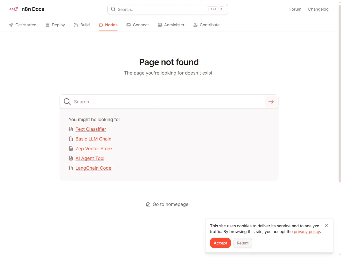 n8n 공식 문서 Text Classifier 노드 페이지 실제 화면