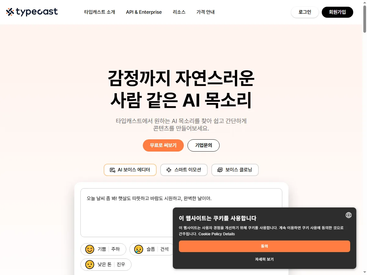 타입캐스트 공식 홈페이지 실제 화면