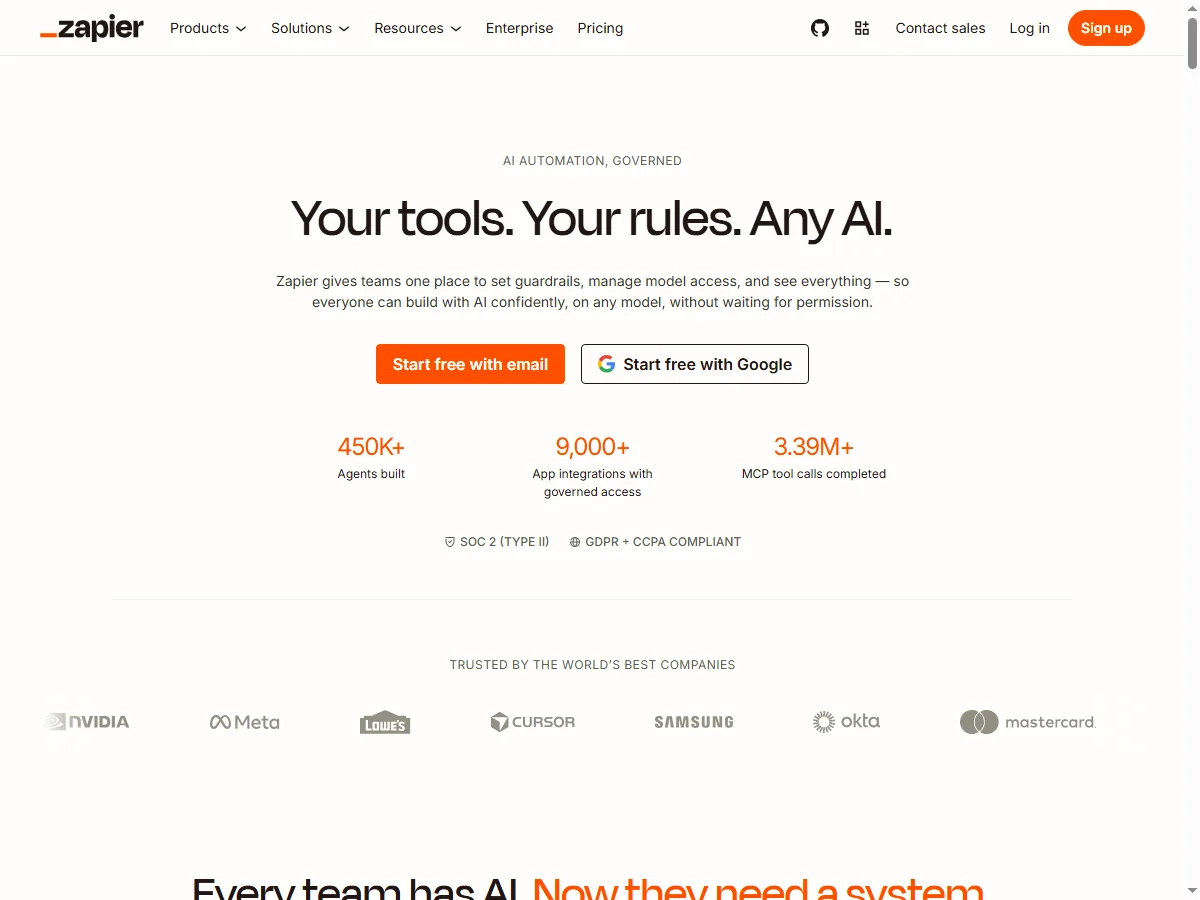 Zapier 공식 홈페이지 실제 화면