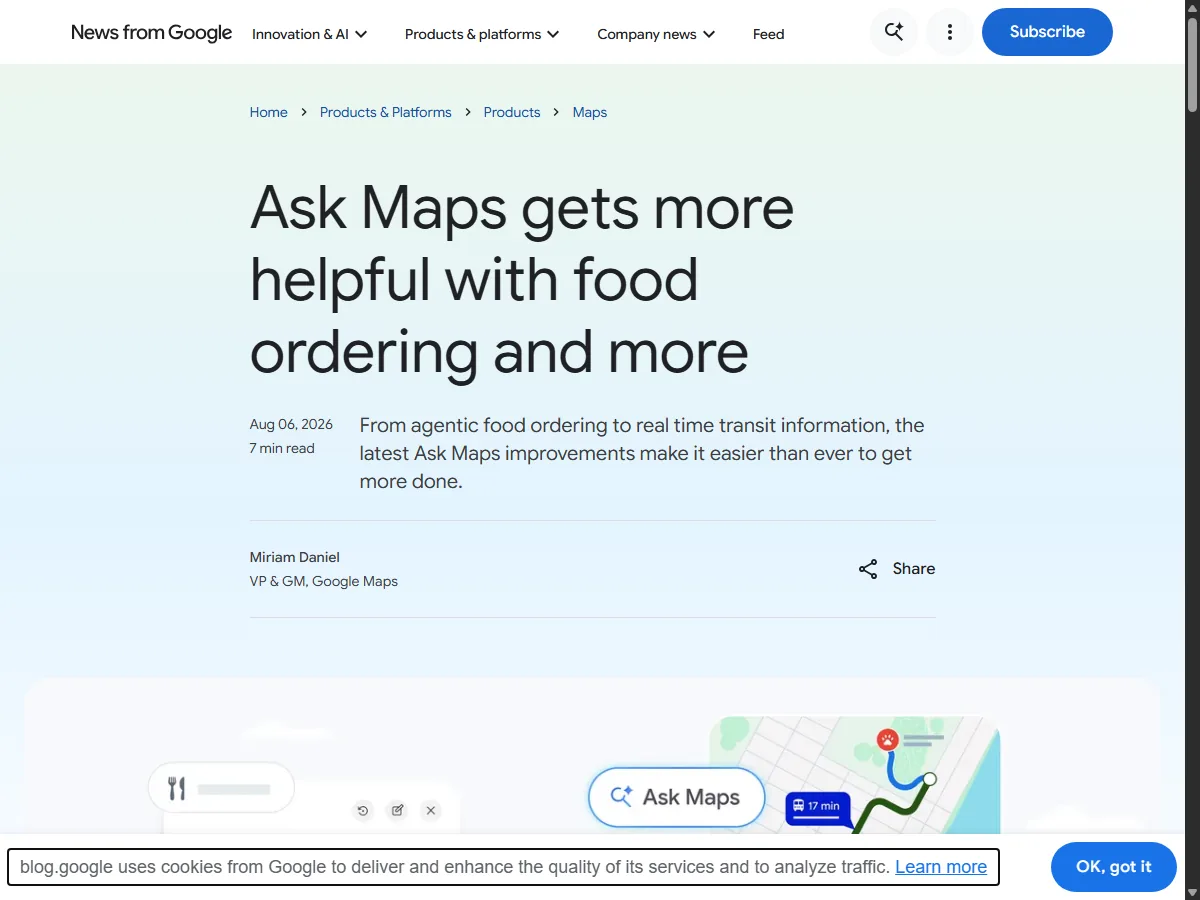구글 Ask Maps 음식 주문 기능 공식 발표 페이지 실제 화면