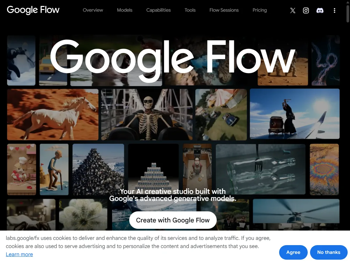 구글 Flow 공식 홈페이지 실제 화면