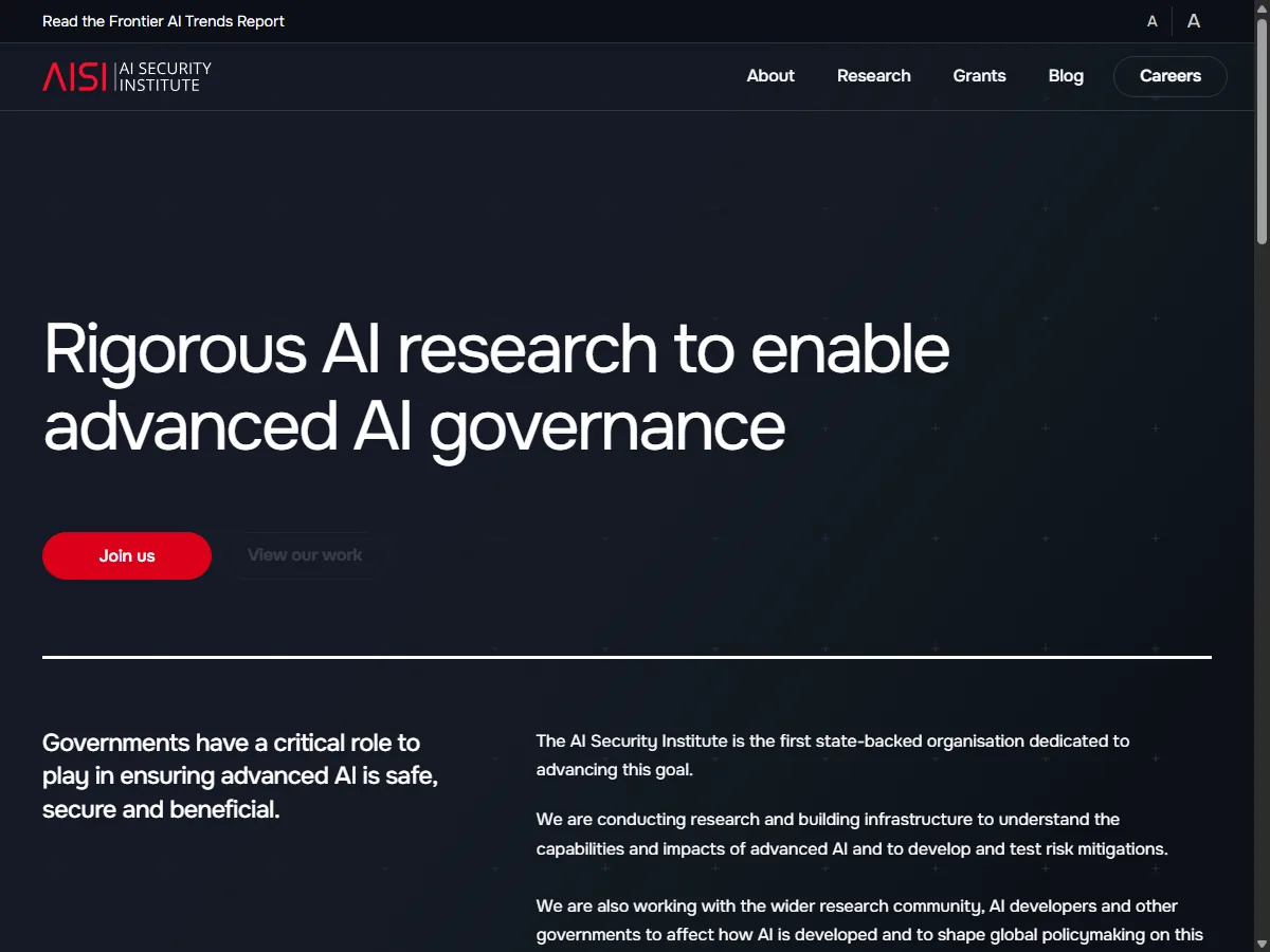 영국 AI Security Institute(AISI) 공식 홈페이지 실제 화면