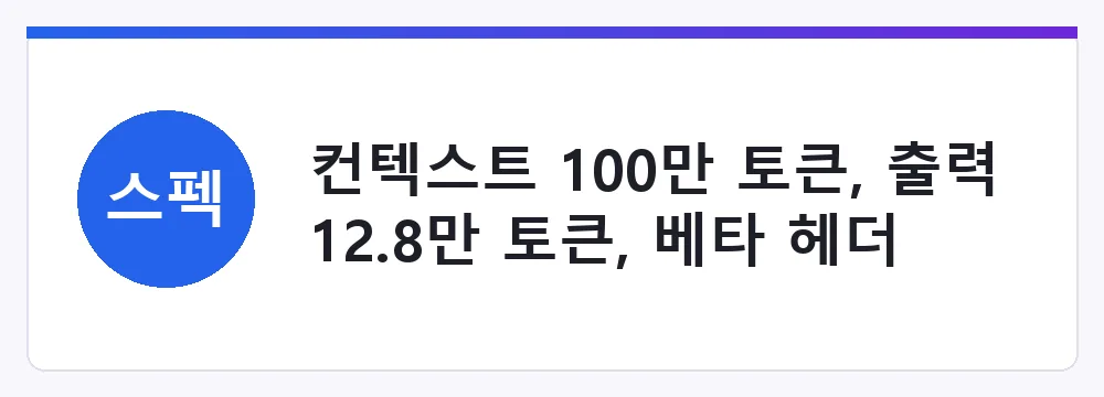컨텍스트 100만 토큰, 출력 12.8만 토큰, 베타 헤더 불필요