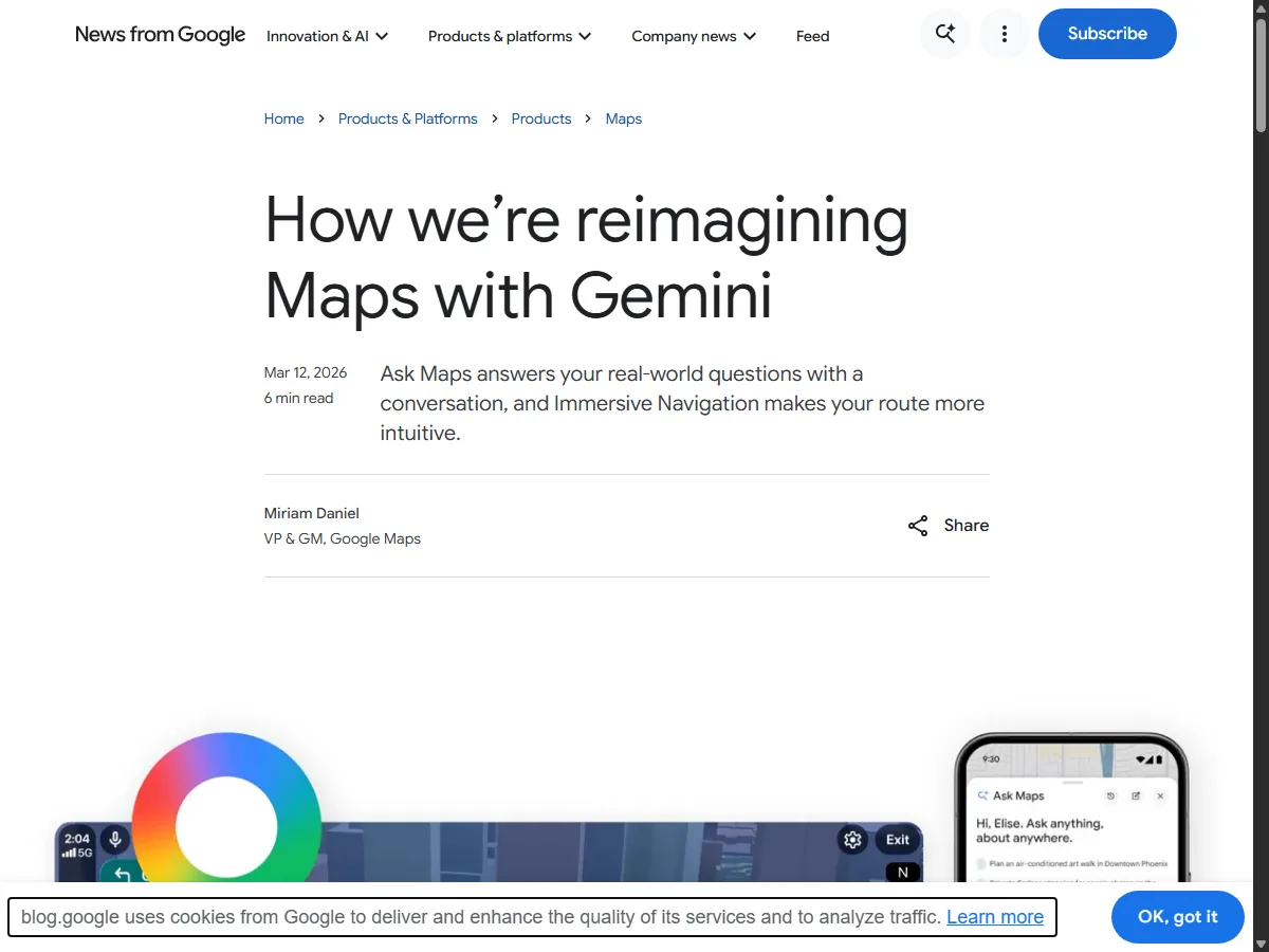 구글 공식 블로그에 게재된 Ask Maps 글로벌 확장 발표 실제 화면