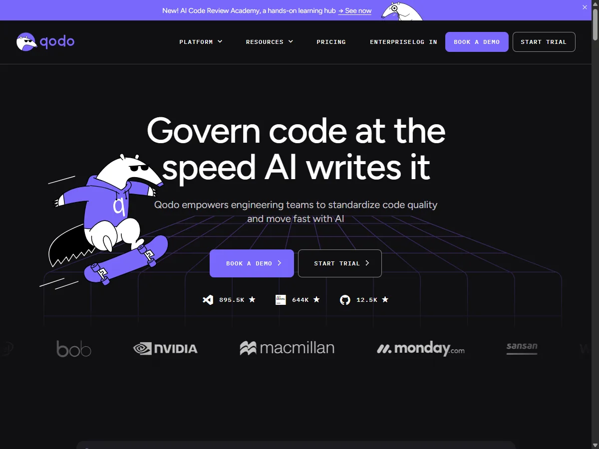 Qodo 공식 홈페이지 실제 화면