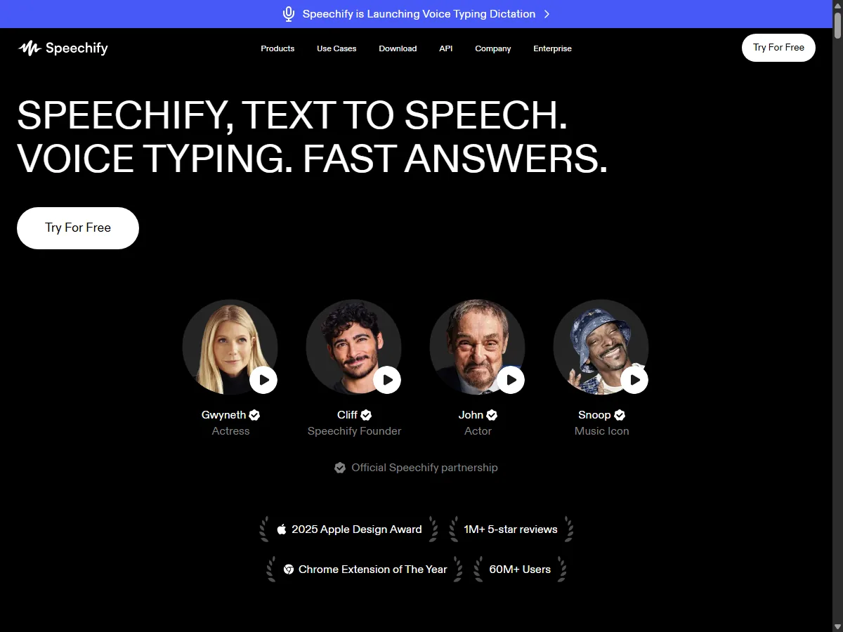 스피치파이(Speechify) 공식 홈페이지 실제 화면