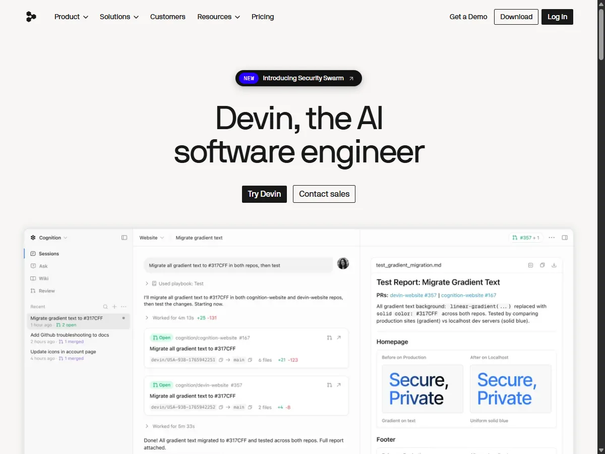 데빈 데스크톱(Devin Desktop) 공식 홈페이지 화면