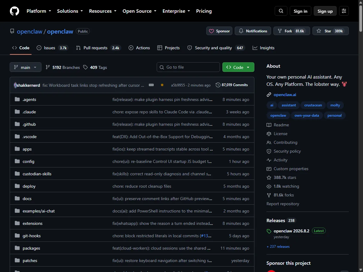 OpenClaw 공식 GitHub 저장소 실제 화면