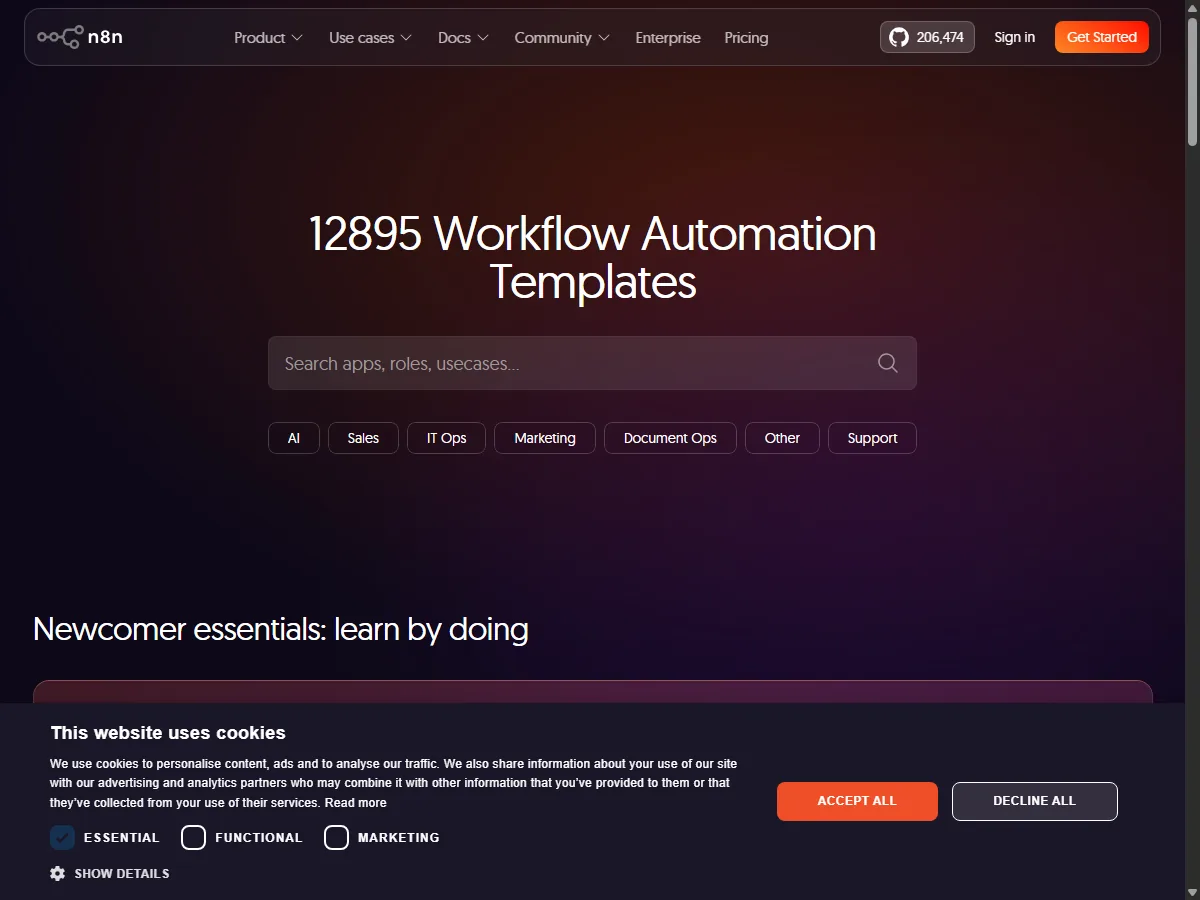 n8n 공식 템플릿 라이브러리(n8n.io/workflows) 실제 화면, 12,895개 템플릿
