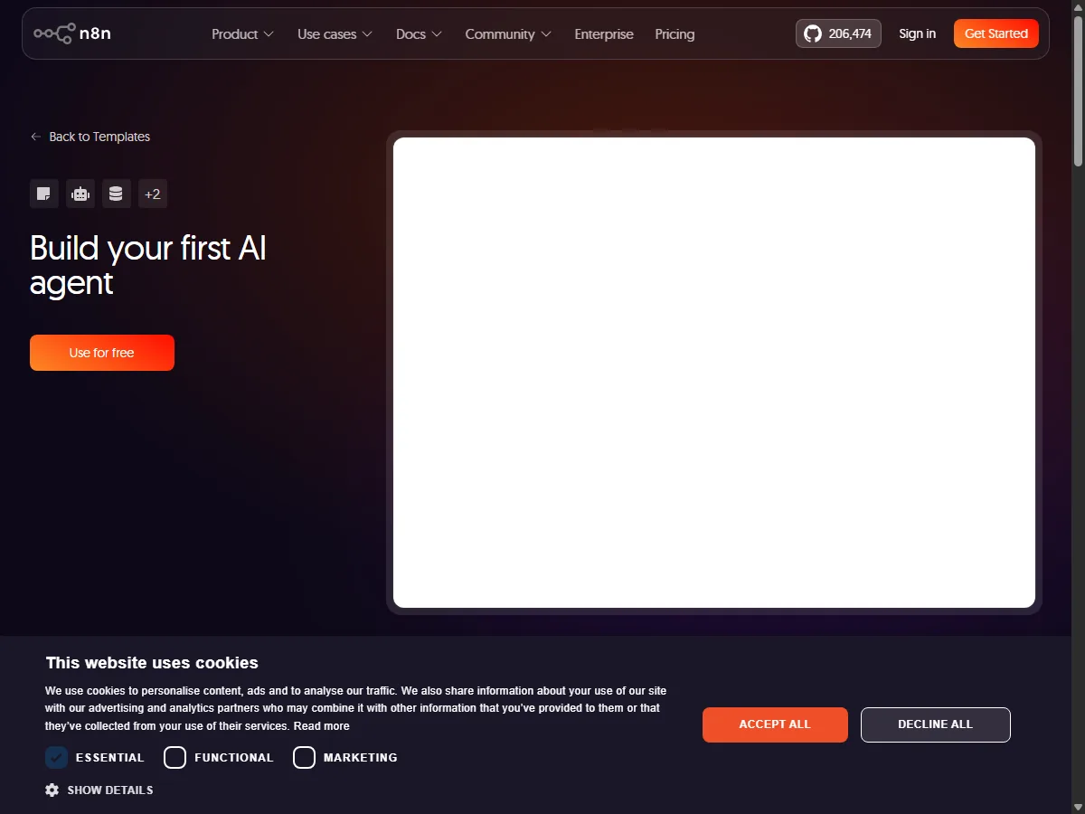 n8n 템플릿 상세 페이지 실제 화면, Use for free 버튼 위치